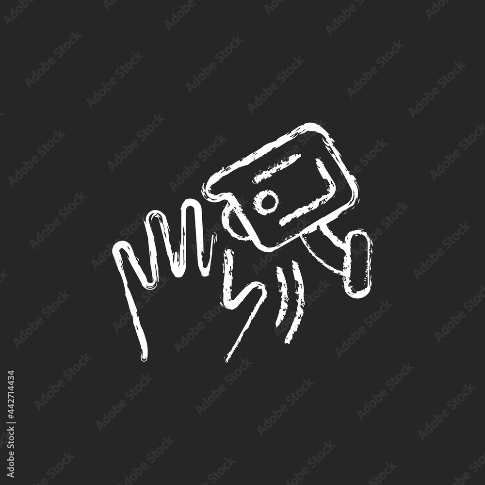 Poster motion detection camera chalk white icon on dark background. security control. detecting human movem