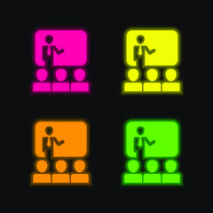Audience In Presentation Of Business four color glowing neon vector icon