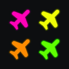 Airplane Silhouette four color glowing neon vector icon