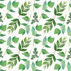 Green leaves doodle hand drawn seamless patern. Herbal, floral, greenery, leaf foliage background.
