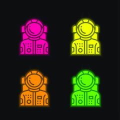 Astronaut four color glowing neon vector icon