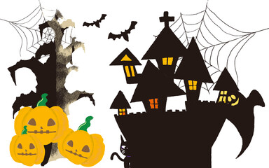 	ハロウィンの日に古城に集まるおばけや黒猫、コウモリかぼちゃたち　蜘蛛の巣背景