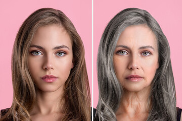 aging woman collage before after, comparison of young with old Caucasian woman. two faces of one...