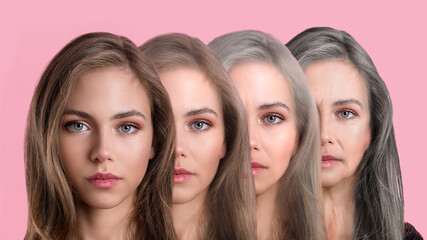 gradual aging of a woman collage before after, comparison of a young with an old Caucasian woman. faces from the young to the old of one person. anti-wrinkle skin care