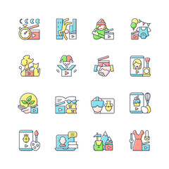 Videography RGB color icons set. Business footage. Online classes for education. Entertaining content. Isolated vector illustrations. Social media content simple filled line drawings collection