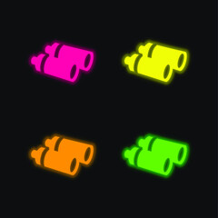 Binoculars four color glowing neon vector icon