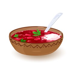 Tasty aromatic homemade meal with added sour cream and parsley served in plate with spoon. Vector delicious ethnic soup dish, healthy eating, ukrainian cuisine idea isolated on white background