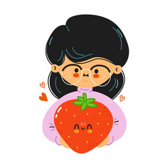 Young cute funny girl hold strawberry in hand. Young woman hugs cute strawberry. Isolated on white background