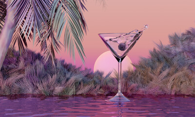 Splashing drink sitting in water on tropical sunset