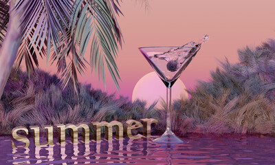 Splashing drink sitting in water on tropical sunset with the word summer