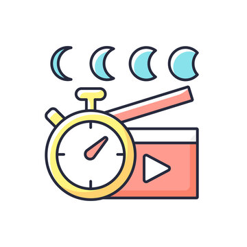 Time lapse videos RGB color icon. Shooting footage over night. Clock with time passing for filmmaking. Stop motion picture. Isolated vector illustration. Videography simple filled line drawing