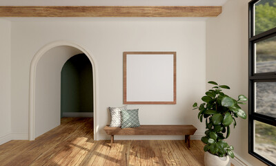 Wood beam room with empty frame and bench