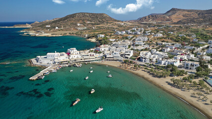 Aerial drone photo of Adamantas - picturesque main port of Milos island as safe natural yacht and sailboat anchorage protected by winds, Cyclades, Greece