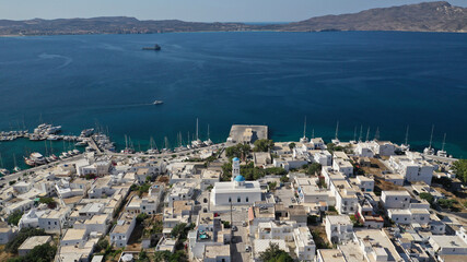 Aerial drone photo of Adamantas - picturesque main port of Milos island as safe natural yacht and...