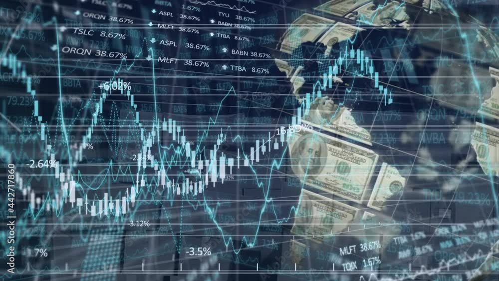 Poster animation of financial data processing with globe formed with american dollars