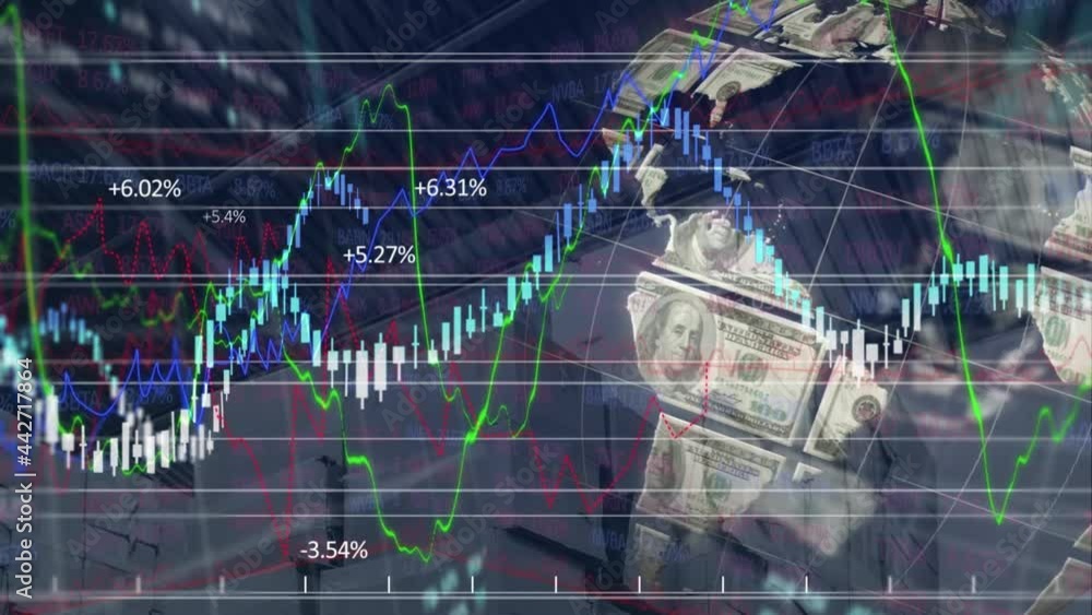 Aufkleber animation of financial data processing with globe formed with american dollars
