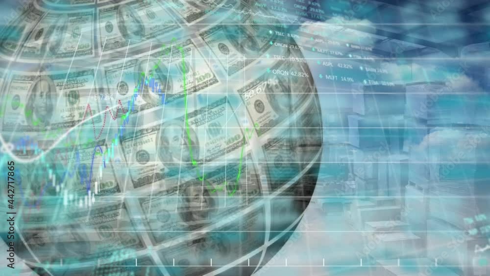 Poster animation of financial data processing with globe formed with american dollars