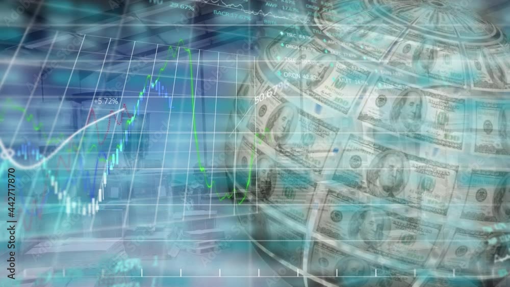 Poster animation of financial data processing with globe formed with american dollars