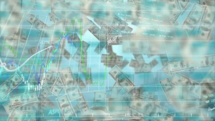 Animation of financial data processing with american dollars floating - Powered by Adobe
