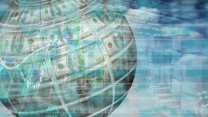 Animation of financial data processing with globe formed with american dollars - Powered by Adobe