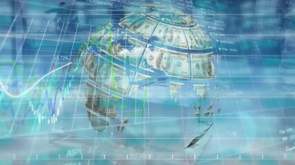Animation of financial data processing with globe formed with american dollars - Powered by Adobe