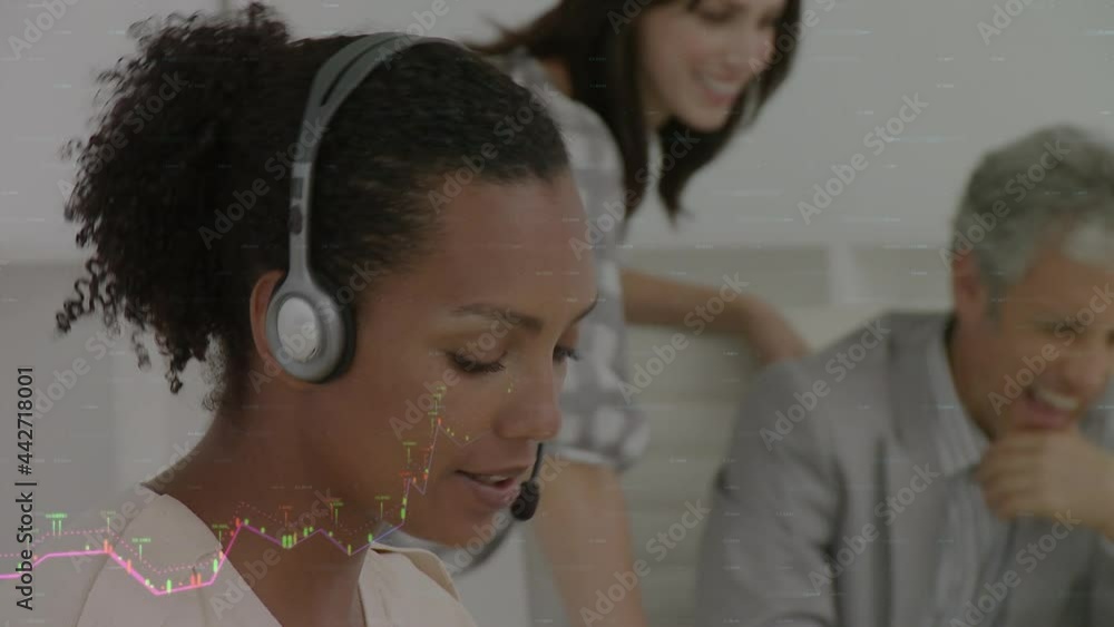 Poster animation of data processing over business people using phone headsets