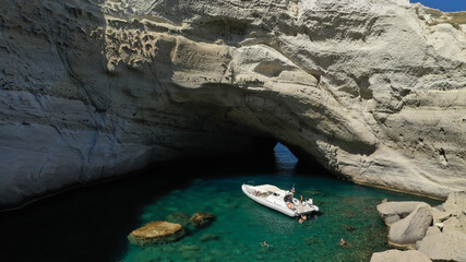 Aerial drone photo of beautiful volcanic open cave of Sykia a geological phenomenon - leaving an...