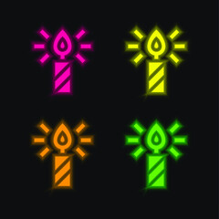 Birthday Candle four color glowing neon vector icon