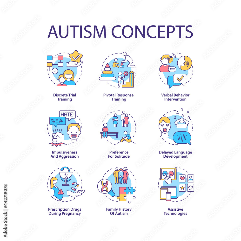 Aufkleber autism spectrum disorder concept icons set. developmental disabilities idea thin line color illustra