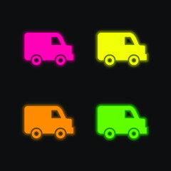 Black Delivery Small Truck Side View four color glowing neon vector icon