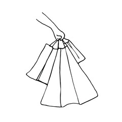 Doodle shopping bags in hand.Shopping.Line art hand drawn illustration.