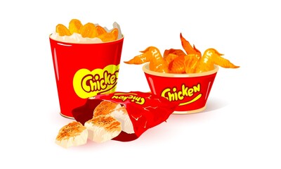 Collection of yummy golden crust on poultry parts, quick delicious lunch, takeaway. Vector unhealthy food, oil and animal fat, protein. Cooking design isolated on white background