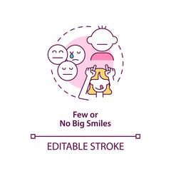 Few and no big smiles concept icon. Autism sign in kids abstract idea thin line illustration. Poor facial expression. Playing with autistic baby. Vector isolated outline color drawing. Editable stroke