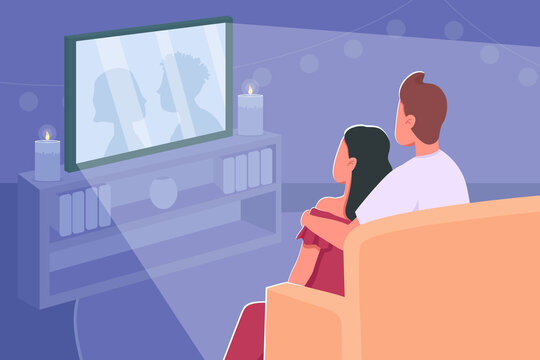 Couple watch movie flat color vector illustration. Romantic date night at home. Film marathon for weekend. Cuddling boyfriend and girlfriend 2D cartoon characters with cozy interior on background