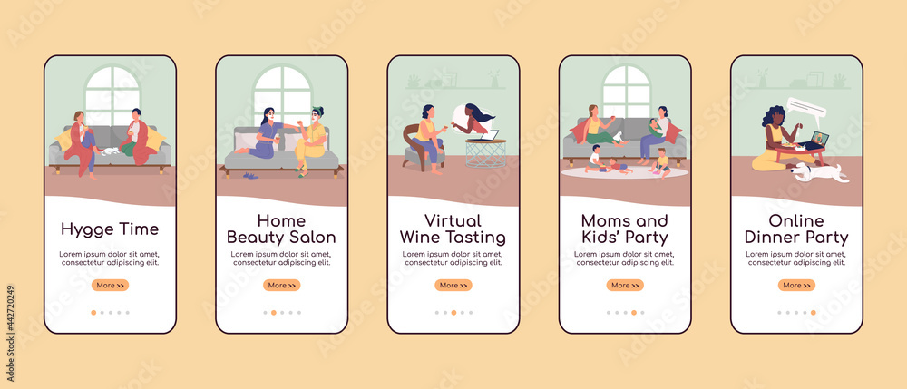 Poster home party onboarding mobile app screen flat vector template. hygge time. walkthrough website 5 step