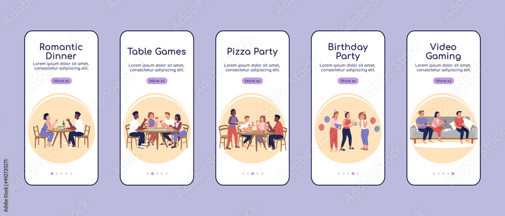 Poster party types onboarding mobile app screen flat vector template. table games. walkthrough website 5 st