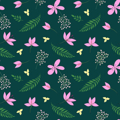 Seamless pattern on a dark green background: leaves, twigs and pink flowers. Preferred for home textiles, wallpaper, wrapping paper, clothing, interior decoration.