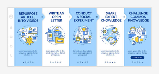 Shareable content methods onboarding vector template. Responsive mobile website with icons. Web page walkthrough 5 step screens. Conduct social experiment color concept with linear illustrations