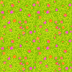 Spring vegetation seamless pattern. Vector doodle illustration with flowers for textile, fabric and background