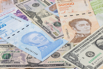 Fototapeta na wymiar Close up to the currency of the south American country Venezuela. High inflation and weak economy increases the denomination of the banknotes. Bolivares or Bolivar money of the republic Venezuela 