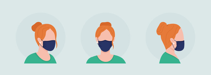Fototapeta premium Wear mask with gathered sides semi flat color vector character avatar set. Portrait respirator from front, side view. Isolated modern cartoon style illustration for graphic design and animation pack