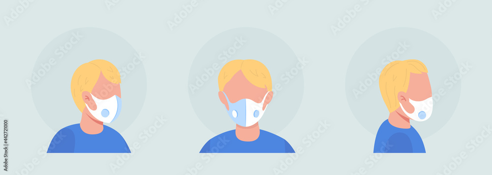 Poster light haired boy semi flat color vector character avatar with mask set. portrait with respirator fro
