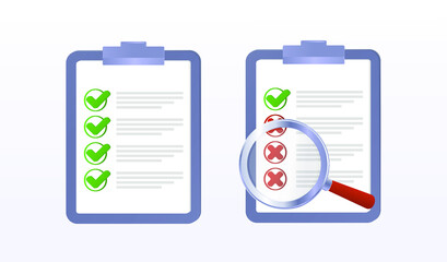 Check list on the tablet. Choice yes or no, vote, recall. Flat style isolated. Correct, incorrect sign. Right and wrong mark icon set. Green tick and red cross flat symbol. Check ok, YES, no, X marks 