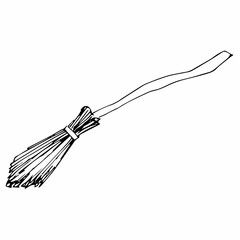 Vector image of a witch's broom for Halloween. Doodle. Black outline. Hand-drawn. Design of posters, postcards, invitations to the holiday, decor.