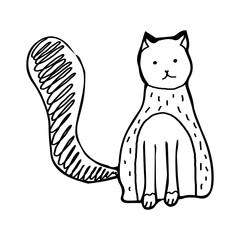 Vector image of a sitting cat. Doodle. Black outline. Hand-drawn. Design of posters, postcards, invitations for holidays, decor, children's design.