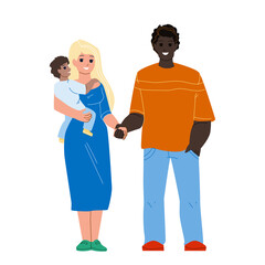 Happiness Mixed Family Standing Together Vector. African Man Husband, Caucasian Woman Wife And Child, Happy Multiracial Family. Characters Father, Mother And Son Kid Flat Cartoon Illustration