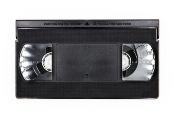 Front side of a vhs videocassette, analog retro video tape isolated on white background