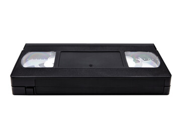Analog old videocassette, vhs video tape in front of white background, isolated