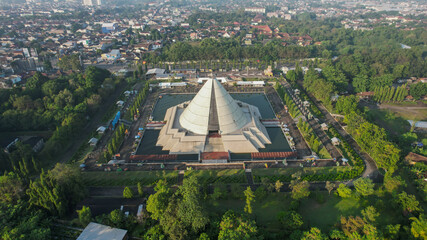 Aerial view of Monument to the Recapture of Yogyakarta. Historical Building in a Cone Shape....