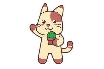 Cute Adorable Happy Brown Cat And Mini Little Cactus cartoon doodle vector illustration flat design style